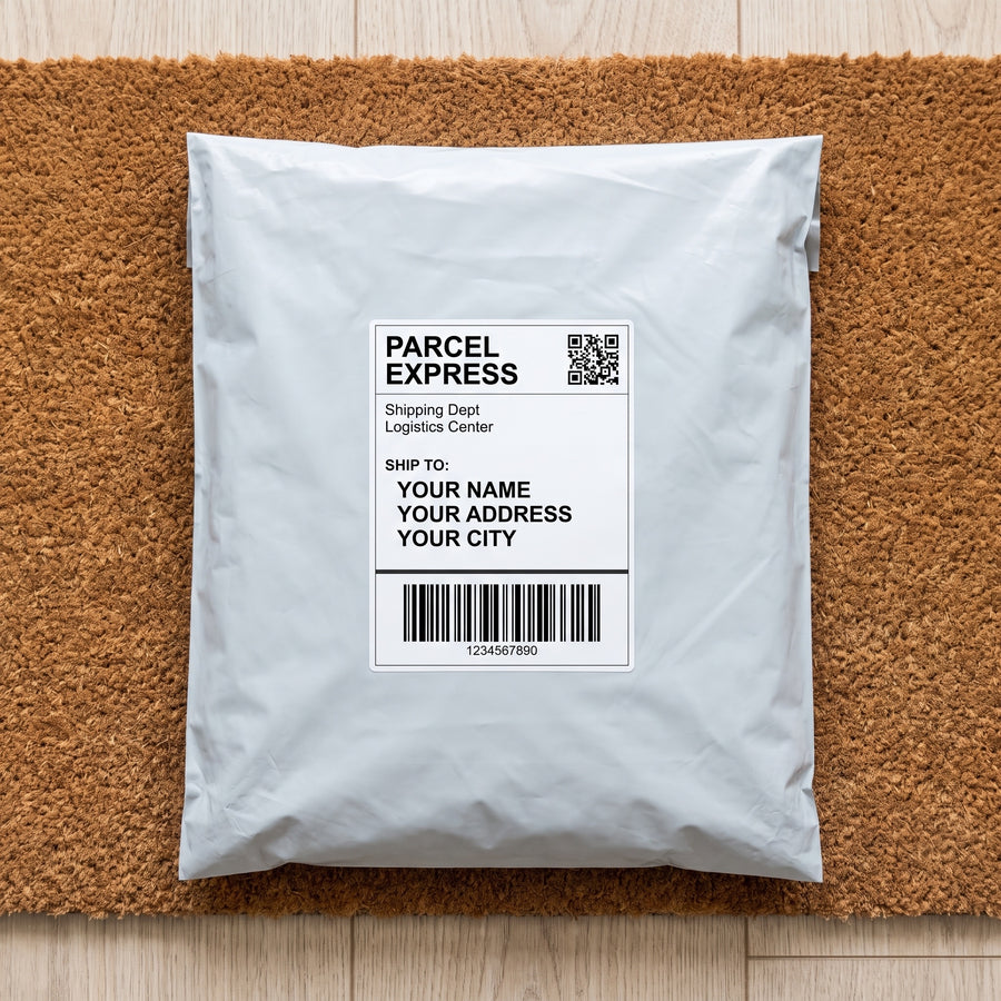 Top view of a plain grey discreet shipping parcel with a neutral label